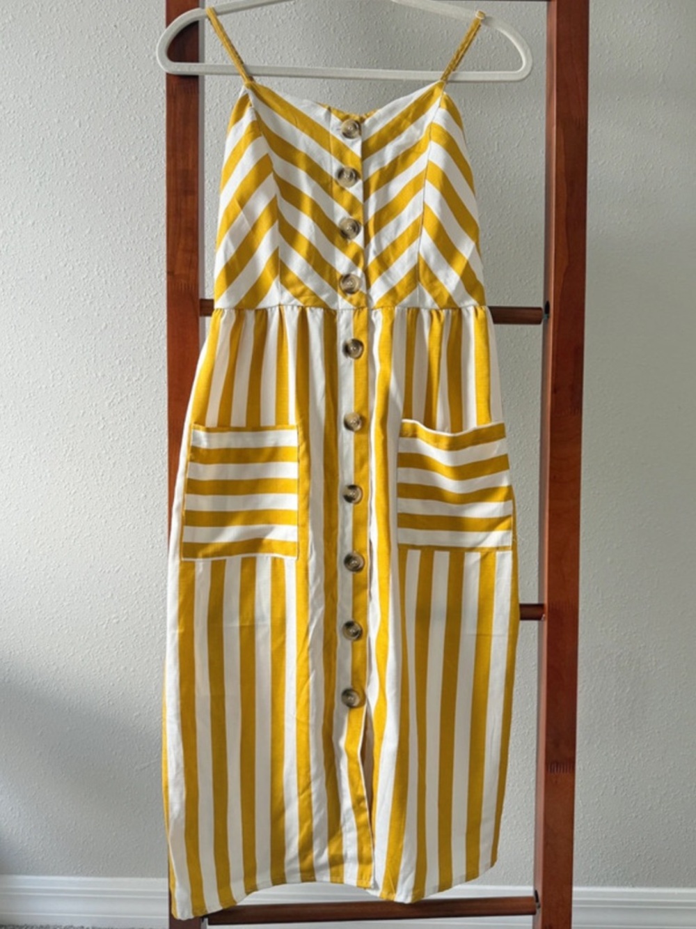 Style House yellow/white striped cami dress button-through front, patch pockets - Picture 2 of 5